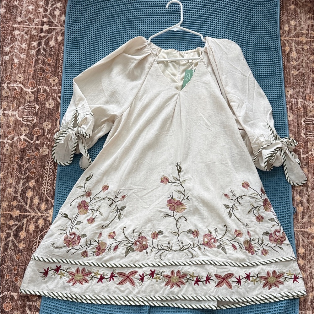 entro Cream Midi Dress with Pink & Green Floral Embroidery